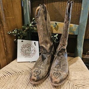 Corral Teen Distressed Brown Leather Wings Cross Snip Toe Boots - Size 5T